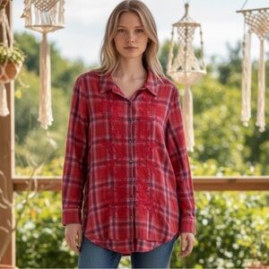 Sundance Boho Embroidered Red Plaid Button Down Shirt -Large